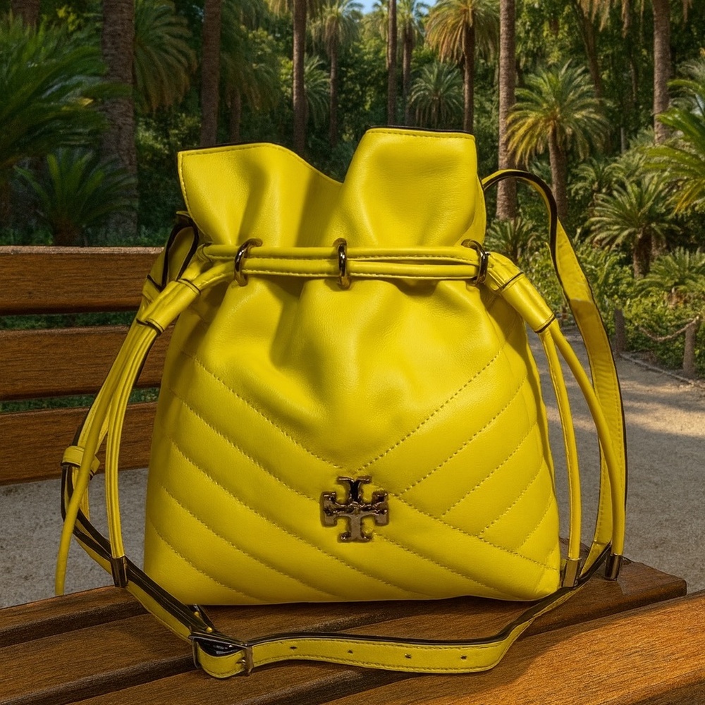 NEW Tory Burch Kira Chevron Limone Yellow Leather Mini Crossbody Bucket Tote Bag